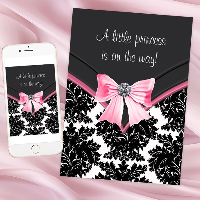 Convite Chá de fraldas de Princesa Rosa-Damasco Preto (Pink and black damask baby shower invitation. Change all text. Download and printed available.)