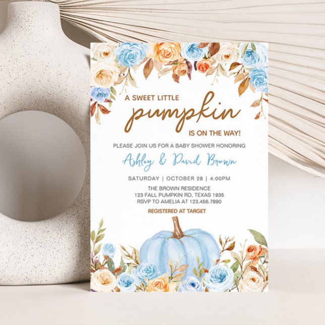 Convite Chá de fraldas de Pumpkin Azul Floral (Blue Floral Pumpkin Baby Shower Invitation)