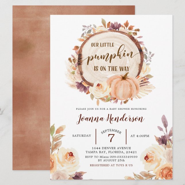 Convite Chá de fraldas de Pumpkin do Boho Woodland Fall Ru (Frente/Verso)