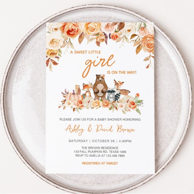 Convite Chá de fraldas de Pumpkin em Woodland (Floral Fall Woodland Baby Shower Invitation)