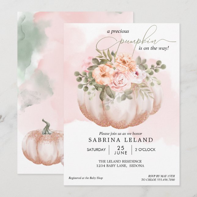 Convite Chá de fraldas de Pumpkin Floral Coral de Água (Frente/Verso)