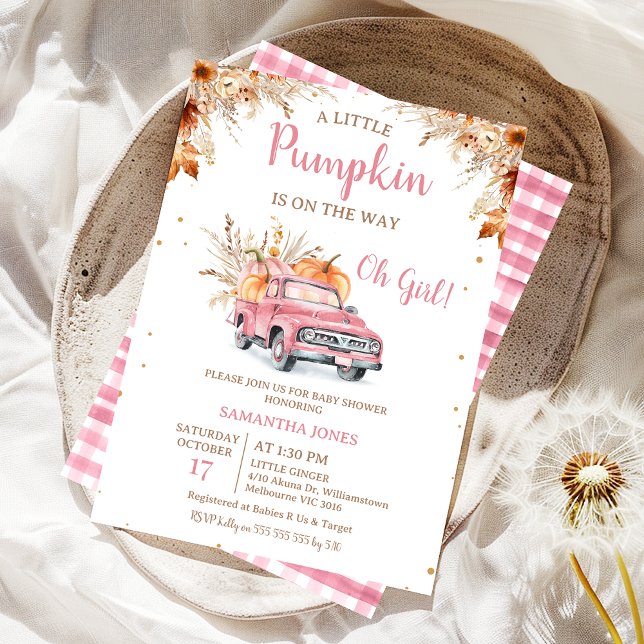 Convite Chá de fraldas de Pumpkin Rosa Russo (Editable Pink Pumpkin Truck Baby Shower Invitation Girl, Fall Little Pumpkin Baby Shower Invite,  )