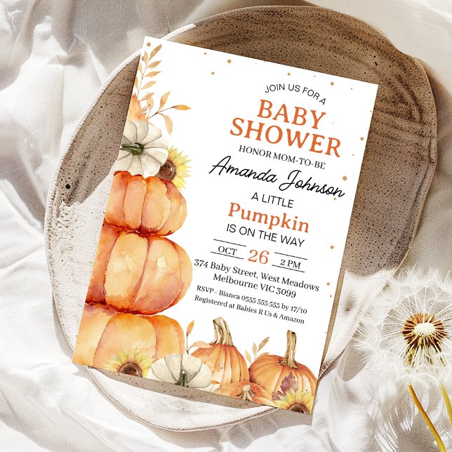 Convite Chá de fraldas de Pumpkin Russo Laranja Pequeno (Fall Little Pumpkin Baby Shower Invitation, Gender Neutral Stacked Pumpkins, Sunflower, Autumn Baby)