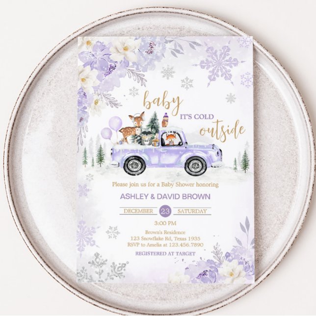 Convite Chá de fraldas de púrpura de madeira de inverno (Girl Baby It's Cold Outside Baby Shower Invitation)