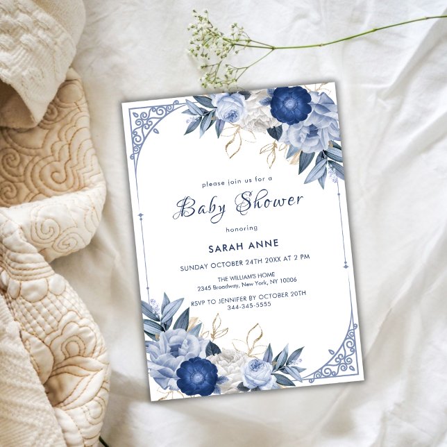 Convite Chá de fraldas de Quadro de Flor Azul Elegante Vin (Vintage Elegant Blue Flower Frame Baby Shower Invitation)