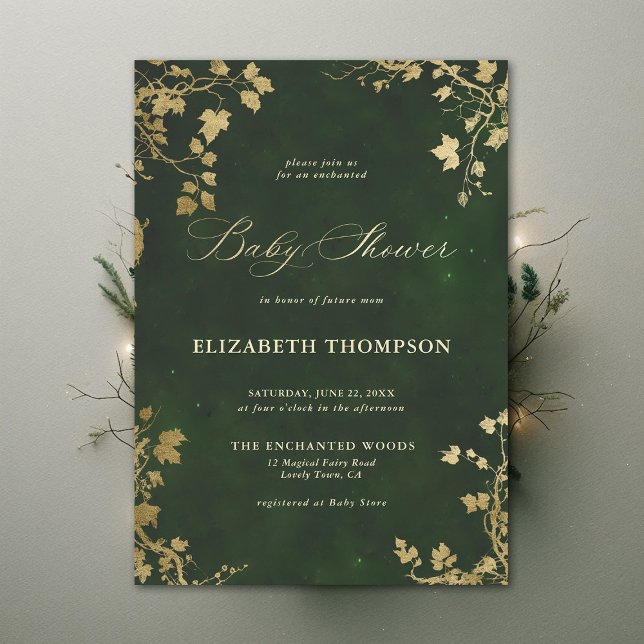 Convite Chá de fraldas de Quadro de Folhagem Mínima da Flo (Enchanted Forest Hunter Green Minimal Greenery Modern Calligraphy Neutral Baby Shower Invitation)