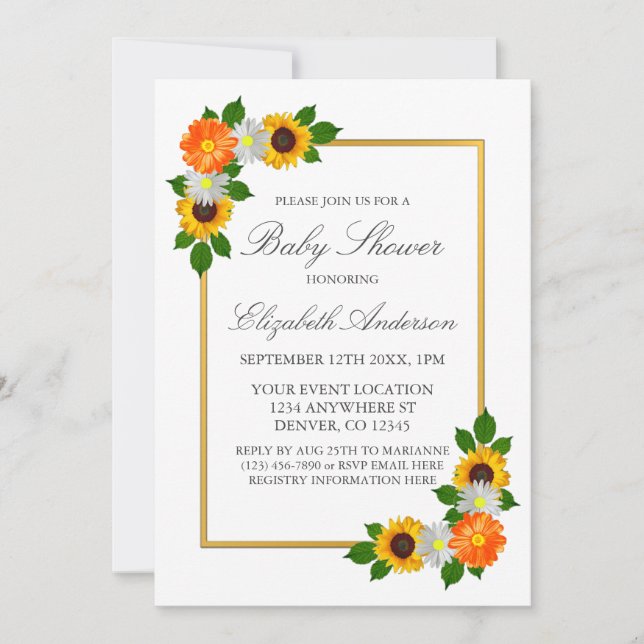 Convite Chá de fraldas de Quadro Dourado Floral (Frente)