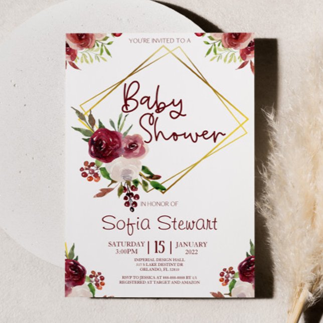 Convite Chá de fraldas de Quadro Flor Floral Dourado Burgu (Criador carregado)