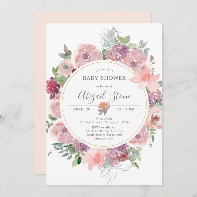 Convite Chá de fraldas de quadro floral de pêssego de aqua (Frente/Verso)