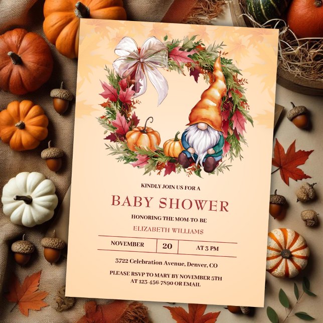 Convite Chá de fraldas de queda de abóbora do Gnomo Laranj (Orange Watercolor Gnome Pumpkin Fall Baby Shower Invitation)