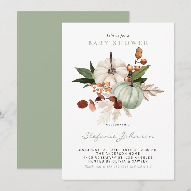 Convite Chá de fraldas de queda de abóboras verdes da faix (Frente/Verso)