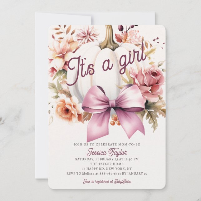 Convite Chá de fraldas de queda de moça rosa branca-abóbor (Frente)