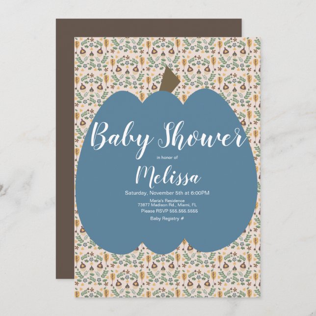 Convite Chá de fraldas de queda do garoto de abóbora azul (Frente/Verso)