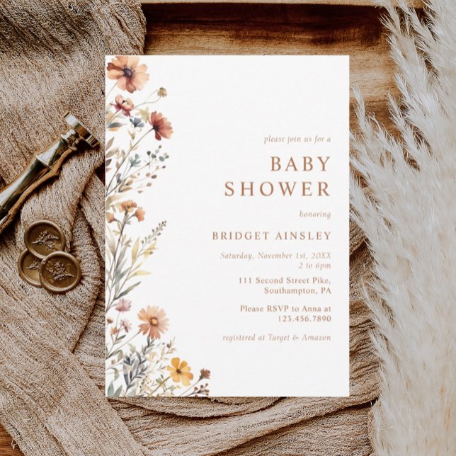 Convite Chá de fraldas de Queda Floral Laranja Aquarela (Criador carregado)