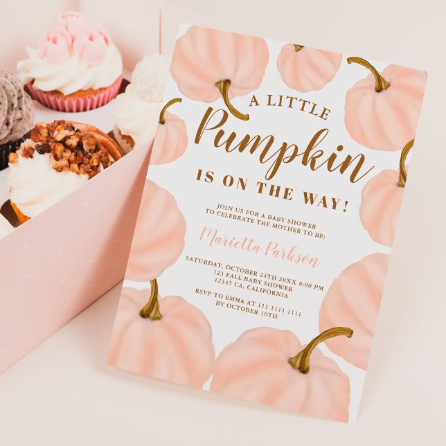 Convite Chá de fraldas de quedas de abóbora rosa (Pink Little pumpkin fall script baby shower Invitation)