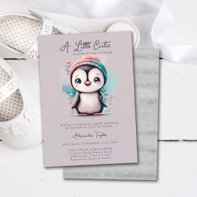 Convite Chá de fraldas De Rapariga De Teto Rosa Púscula De (penguin baby shower invitation cute adorable sweet character watercolor pink teal lilac winter cold)