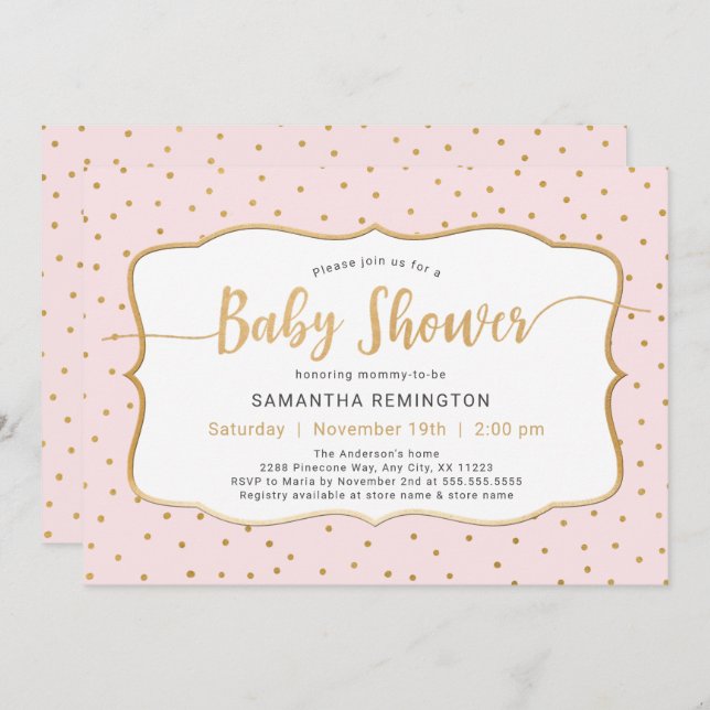 Convite Chá de fraldas de Rapariga Dourada Rosa (Frente/Verso)