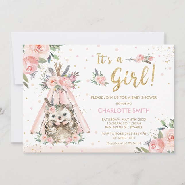 Convite Chá de fraldas De Rapariga Floral Tribal Blush Hed (Frente)