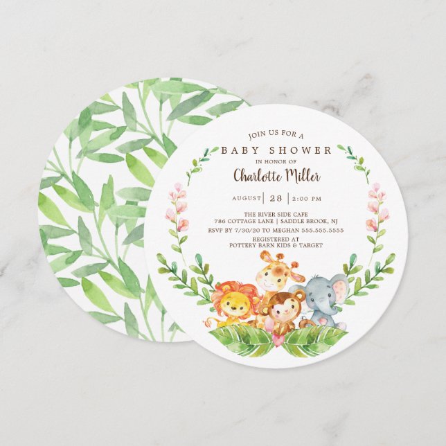 Convite Chá de fraldas de Raparigas da Selva Safari Cute (Frente/Verso)