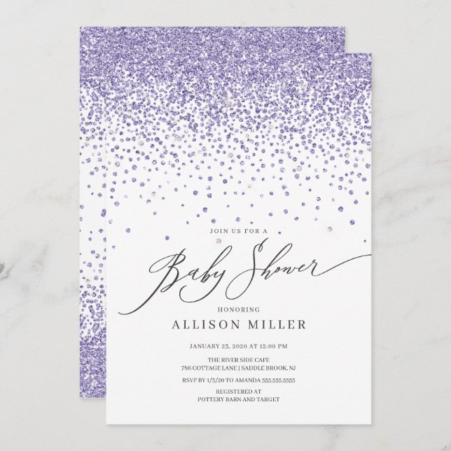 Convite Chá de fraldas de Raparigas Roxas Modernas (Frente/Verso)