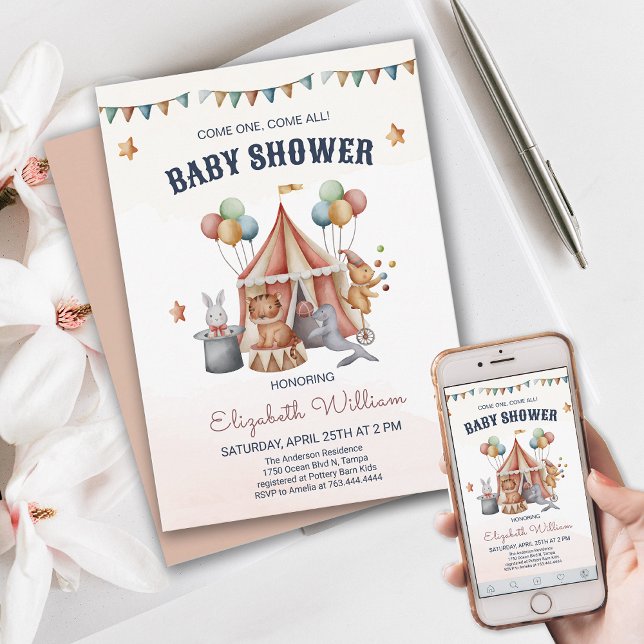 Convite Chá de fraldas de Rapaz do Circus (Fun Circus Animal Baby Shower Invite)