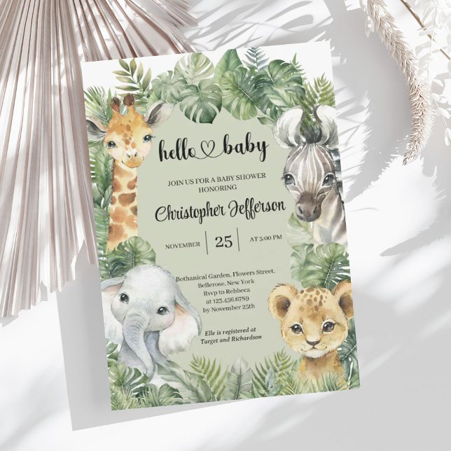 Convite Chá de fraldas de Rapazes da Selva Tropical Safari (Tropical Jungle Safari Animals Boy Baby Shower Invitation)