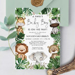 Convite Chá de fraldas de Rapazes da Selva Tropical Safari<br><div class="desc">Celebre a chegada do seu pequeno pacote de alegria com este convite de chá de fraldas temático de safari. A design apresenta um grupo de adoráveis animais da selva e folhas tropicais rústicas de verde.</div>