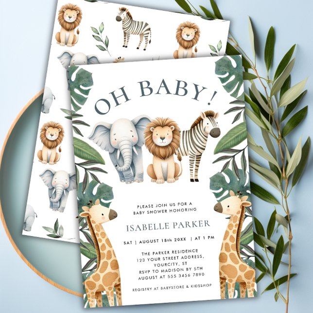 Convite Chá de fraldas de Rapazes da Selva Tropical Safari (Tropical Jungle Safari Animals Boy Baby Shower Invitation)