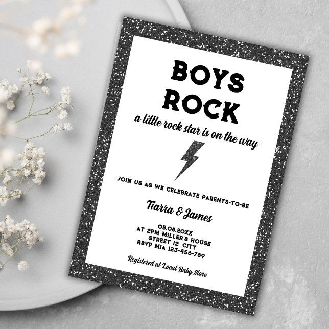 Convite Chá de fraldas De Rapazes Rock Black E Roll Boy (boys rock little rock star rock and roll boy baby shower invitation)