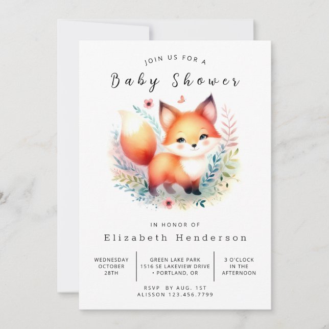 Convite Chá de fraldas de Raposa da Floresta Ilustrada (Frente)