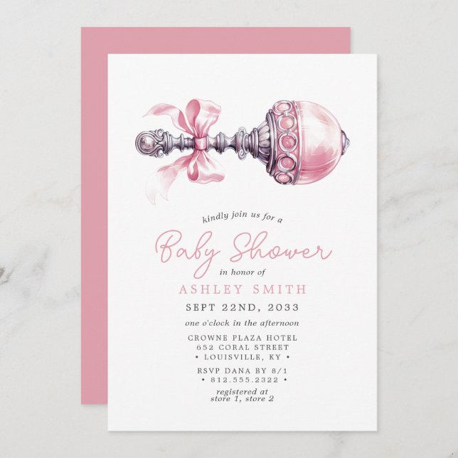 Convite Chá de fraldas de Rattle, bebê Rosa Elegante (Frente/Verso)