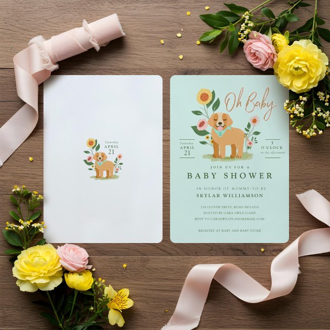Convite Chá de fraldas de Retriever de Ouro Floral Bonito  (Cute Adorable Floral Golden Retriever Baby Shower Invitation)