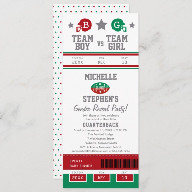 Convite Chá de fraldas de Revelação do Sexo de Bilhete de  (Frente/Verso)