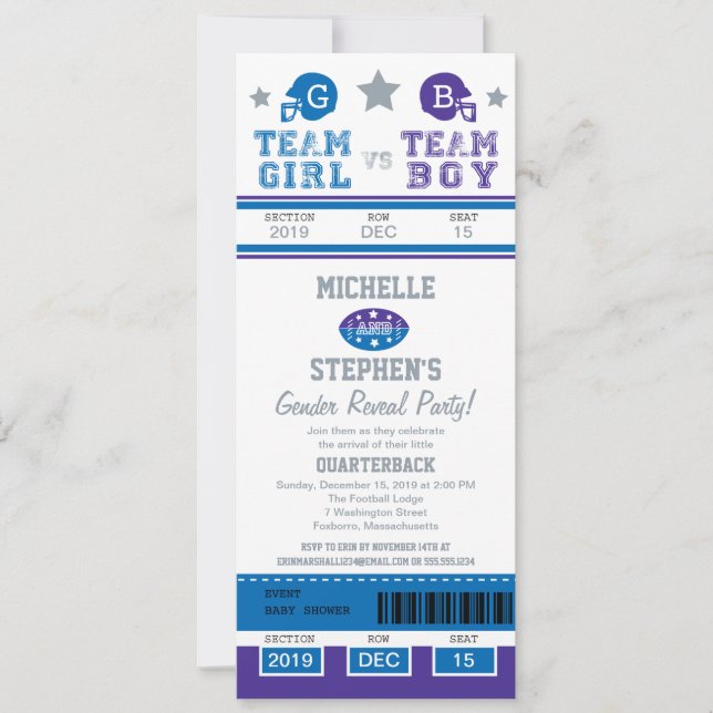 Convite Chá de fraldas de Revelação do Sexo de Bilhete de  (Frente)