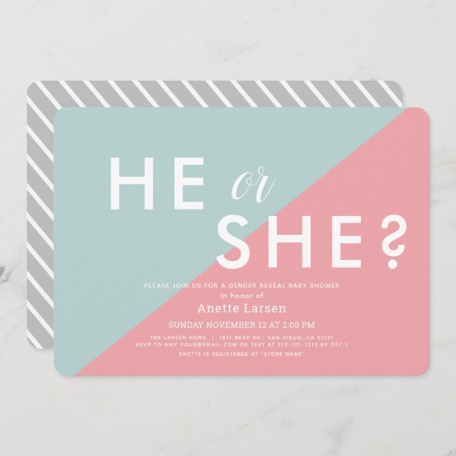 Convite Chá de fraldas de Revisão do Gênero Moderno Rosa e (Frente/Verso)