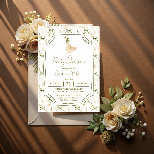 Convite Chá de fraldas de rimas de ganso (Goose nursery rhymes boho baby shower invitation cards template goose with ribbon bow vintage border)