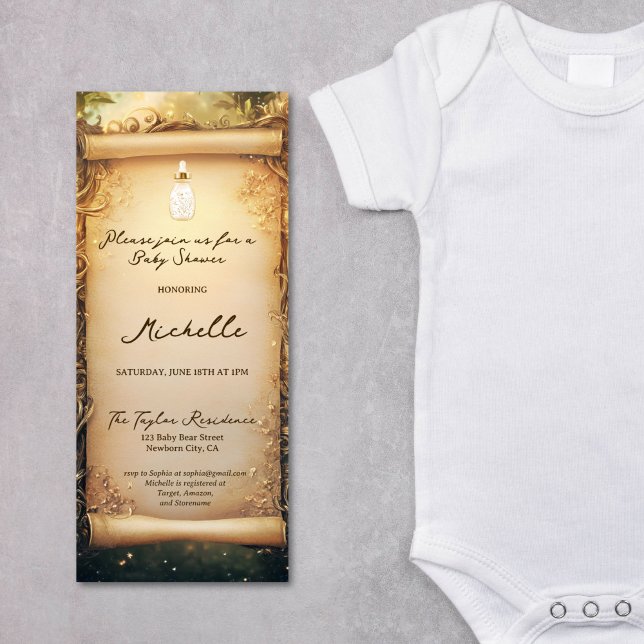 Convite Chá de fraldas de Rolagem de Floresta Encantada Br (enchanted forest with baby bottle, gold and green baby shower scroll invitation)