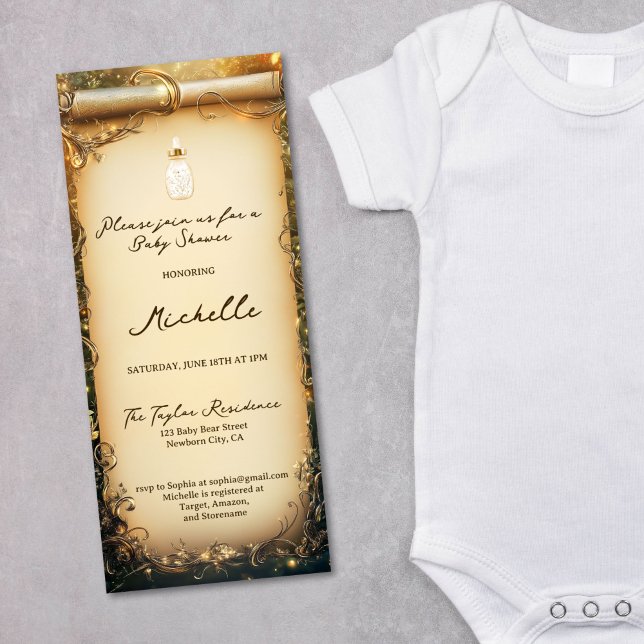 Convite Chá de fraldas de Rolagem de Floresta Encantada Br (enchanted forest with baby bottle, gold and green baby shower scroll invitation)