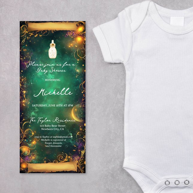 Convite Chá de fraldas de Rolagem de Floresta Encantada Br (emerald green and gold enchanted woods scroll baby shower invitation)