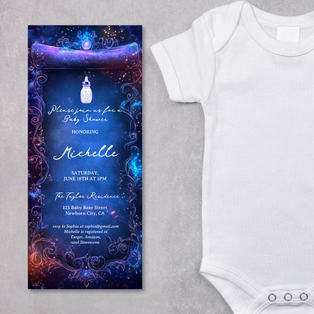 Convite Chá de fraldas de Rolagem de Floresta Encantada de (purple enchanted forest scroll baby shower invitation)