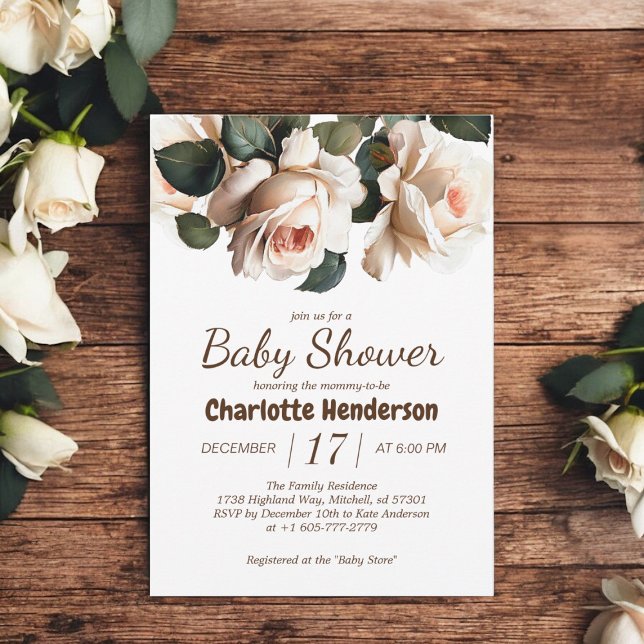 Convite Chá de fraldas de Rosa Beige Elegante (Elegant Beige Rose Girl Baby Shower Invitation)