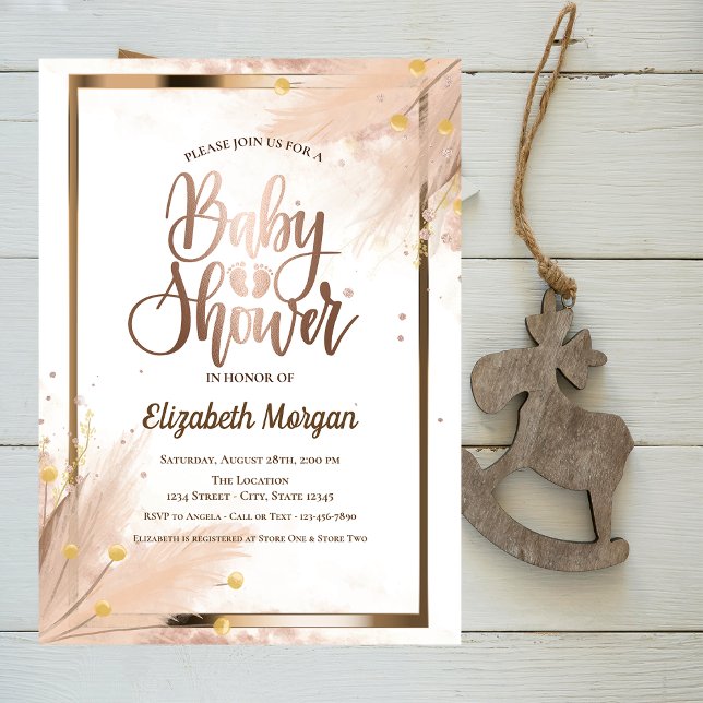 Convite Chá de fraldas de Rosa Dourada para bebês Pampas (Criador carregado)