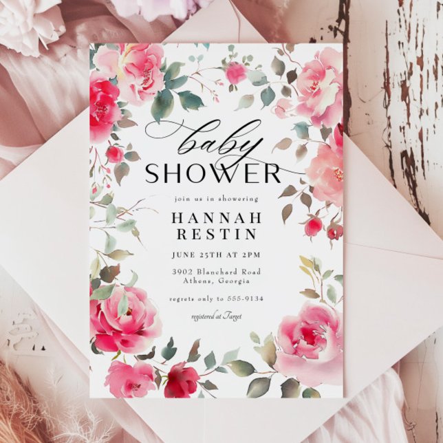 Convite Chá de fraldas de Rosa Rosa Rosa Elegante (Criador carregado)