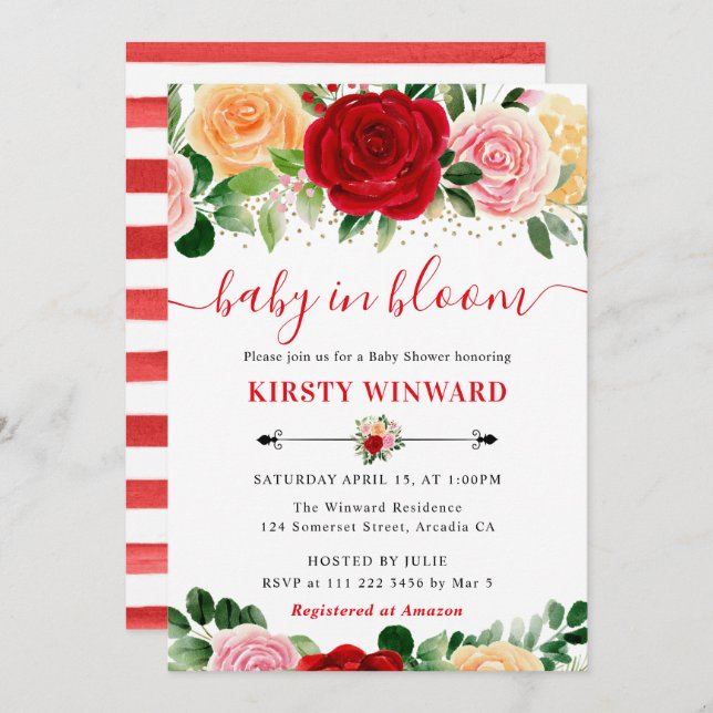 Convite Chá de fraldas de Rosas Amarelas e Vermelhas de Aq (Frente/Verso)