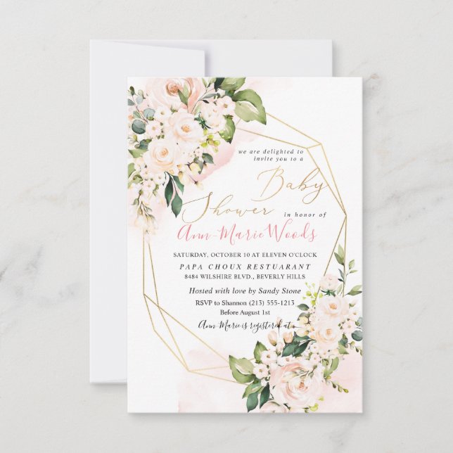 Convite Chá de fraldas de Rosas Blush PixDezines Watercolo (Frente)