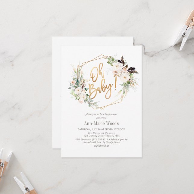 Convite Chá de fraldas de Rosas Blush PixDezines Watercolo (Frente/Verso In Situ)