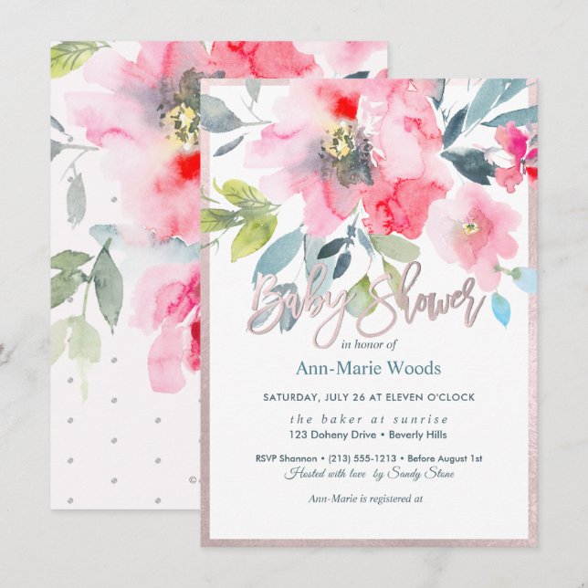 Convite Chá de fraldas de Rosas de Jardim de Aquarela PixD (Frente/Verso)
