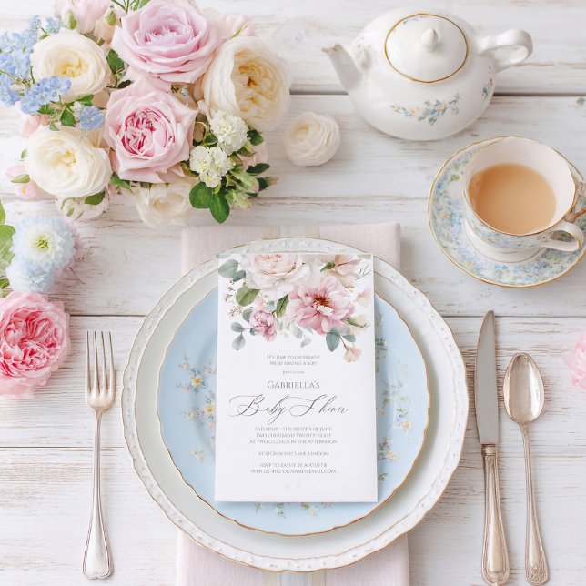 Convite Chá de fraldas de rosas florais românticos (Criador carregado)