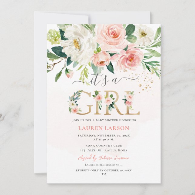 Convite Chá de fraldas de Rosas Rosa Rosa Blush do ArtsApp (Frente)