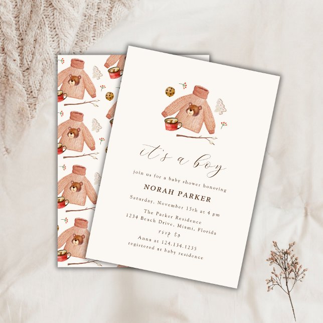 Convite Chá de fraldas de roupa de inverno do Boho Boy Wat (Watercolor Boho Boy Winter Clothes Baby Shower Invitation)